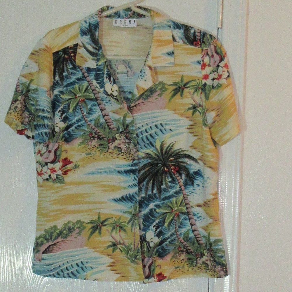 ERENA Medium Short Sleeve Tropical Multi Color Top Blouse